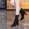 Botas de Moda de Tacón Alto con Brillantes de Imitación Europeas y Americanas Otoño e Invierno 2024 Botas Martin Negras Delgadas de Tacón Grueso con Cremallera Trasera Puntiaguda