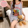 Pijama para chica regordeta Ropa de casa de verano para mujer Chaleco de algodón con Almohadilla en el Pecho Pantalones Cortos Dibujos Animados Lindos Talla Grande Holgado Ropa de Casa