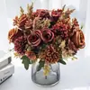 Venta Caliente Simulación 7 Horquillas Color Otoño Atado a Mano Rosa Boda Simulación Ramo Flores Artificiales Hechas a Mano Falsas Plantas Transfronterizas Flores de Seda