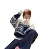 Suéter com zíper parcial Fair Isle para mulheres, peça externa para outono e inverno, de alta qualidade, solto, macio, versátil, jaqueta de tricô retrô