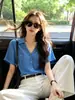 Verão Linho Azul Solta Lapela Botão Camisa Blusa Feminina Roupa Dopamina Moda Relaxada Retrô Top