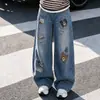 Jeans de Perna Larga Novo para Meninas Primavera e Outono Calças Retas Estilo Western Infantil Calças de Primavera e Outono para Crianças Grandes Calças Largas