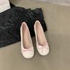 Zapatos de Ballet de Cuero Suave de Moda con Lazo y Tacón Grueso para Mujer 2025 Primavera y Otoño Nuevos Zapatos Tipo Beanie Versátiles de Tacón Medio Plateado