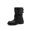 Botas Vaqueras de Venta Caliente con Apertura de Cañón Ancho, de Ponerse Fácil, Botas de Tacón Medio Cosidas Estilo Retro para Mujer, Botines Negros Cálidos con Forro de Terciopelo