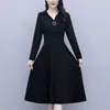 Vestido liso de manga comprida com gola polo, estilo temperamento elegante, feminino, primavera, outono, roupa para mães, cintura marcada, saia A-line de comprimento médio, transfronteiriço