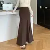 Saia feminina de outono e inverno, elástica, versátil, estilo sereia, saia preta de cintura alta, comprimento médio, cor café