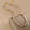 Colar de Pérolas de Água Doce Irregulares Rosa-Roxo para Mulheres, Corrente de Clavícula com Design Exclusivo, Gargantilha Elegante de Cristal Roxo Aqua
