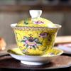 Cuenco de esmalte estilo palacio con tres flores a la parrilla, taza de té de cerámica, juego de té de kung fu, cuenco de té dorado con trazado, cuenco de una sola tapa