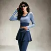 Conjunto Deportivo Casual de Yoga para Mujer Falso Dos Piezas Cuello Redondo Manga Larga Shorts de Cintura Alta Secado Rápido Transpirable Entrenamiento de Fitness Versátil