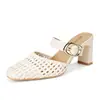 Pantuflas de Verano para Mujer para Exteriores 2026 Estilo Nuevo Tejidas de Cuero Suave Puntera Cuadrada Tacón Alto con Tacón Grueso y Diseño de Punta Cerrada
