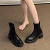 Botines de Tacón Alto Grueso Estilo Francés para Mujer Otoño e Invierno 2024 Nuevo Estilo Británico Punta Redonda Tacón Grueso Elásticos Delgados