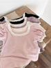 Punto de Verano para Niñas Camiseta Dulce con Cuello de Encaje Corte Calado Manga Corta Abullonada Estilo K