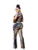 D9566 Ropa de Mujer de Venta Caliente Europea y Americana en Amazon Traje Sexy de Malla Transparente con Rayas Estampadas Mangas Cortas que Muestra el Ombligo