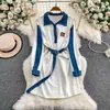 Vestido de Mezclilla Patchwork con Solapas Inspirado en Celebridades para Mujer, Otoño e Invierno, con Cinturón de Corbata, Delgado de Longitud Media, Elegante y Adecuado para el Trabajo