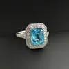 Anillo de Luz Nuevo Lujo Zircón Azul Marino Anillo para Mujer Cobre Chapado en Platino Anillo de Diamante f688
