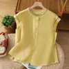 Camisa de Color Sólido Bordada con Mangas Acampanadas Estilo Literario para Reducir la Edad Mujeres Verano Chic para Reducir la Edad Blusa de Mezcla de Lino Top de Algodón y Lino Cuello Redondo