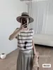 Top de punto a rayas de manga corta, cuello redondo, bloques de color, rejuvenecedor, para mujer, diseño de verano, moderno, adelgazante, elegante, versátil, top de mujer de moda