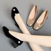 Zapatos de mujer elegantes de estilo francés brillante, nuevo modelo de otoño 2026, tacón medio, adecuados para faldas, zapatos de vestir de cuero color nude, puntera cuadrada