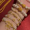 Pulseira de Rede Azul Dourada com Flor de Vidro Pérola Zircônia Brilhante Pulseira Elegante de Luxo Leve Joia de Mão Versátil da Moda