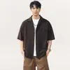 Camisa de Lino Tencel de Verano con Cuello Cubano para Hombre, Manga Corta, Estilo Old Money, Corte Holgado, Chaqueta Camisa Drapada de Corte Limpio, Moderna