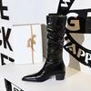 009-18 Botas de Mujer de Caña Alta Estilo Retro Europeo y Americano Tacón Grueso Tacón Medio Punta Afilada Arrugadas Brillantes Botas Altas Botas de Caballero