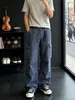 Calça Jeans Casual Retro Lavada Desgastada Azul Masculina Marca Coreana Tendência Bolsos Grandes Perna Reta Solta Bom Caimento Calça Cargo
