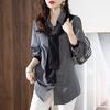 Diseño de Primavera y Otoño 2026 Camisa Única y Distintiva Talla Grande para Mujer Chal Falso de Dos Piezas Camisa Rayada Top Patchwork