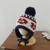 Gorro de pompón para niños de 3 a 8 años, gorro de punto moderno y versátil, gorro pullover jacquard retro americano protector de orejas para niños