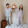 Pijama cardigã infantil de manga comprida para outono e inverno, meninos e meninas, tamanhos pequeno, médio e grande, conjunto de roupa de casa para bebê, conjunto de duas peças escovado dos dois lados