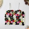 Top Curto Estampado com Bordado de Flores, Contraste, Alça Fina, Base de Gola, Sem Costas Nuas, Sem Sutiã, Estrutura de Peixe