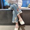 Calças jeans femininas primavera e outono, estilo ocidental, infantil, distintas, da moda, estilo coreano, renda, morango, calças largas da moda