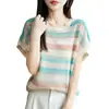 Top de punto de seda helada inspirado en lo vintage con rayas coloridas, moderno y juvenil, camiseta de manga corta fresca y estilizada