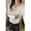 Moda Francesa Decote V de Alta Qualidade Renda Vazada Tricô Camada Base Feminina 26 Novo Estilo Outono Inverno Roupa Íntima Suéter Quente