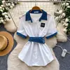Camisa de mezclilla estilo coreano para mujer, con cuello, patchwork, manga corta de verano, entallada en la cintura, tie-dye, adelgazante, top elegante