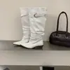 Botas de caña alta Chuyuji estilo europeo y americano con punta y tacón de bloque para mujer, con hebilla de cinturón, botas de montar, botas largas plisadas, nuevo modelo 2026