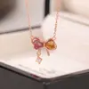 Yuebao Joias Turmalina Colorida Prata de Lei S925 Banhado a Ouro Rosa Laço Elegante Versátil Estilo Coreano Colar com Pingente de Prata