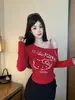 5348# Desejo Puro Menina Picante Estampa Kitty Design com Cadarço Senso de Design Nicho Ombro a Ombro Manga Longa Camiseta para Mulheres com Bojo Top