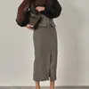 Saia de Design Transfronteiriço da Amazon Outono e Inverno 2025 Nova Saia Elegante Feminina de Cintura Alta com Fenda Frontal no Quadril
