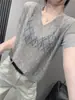 Popular Ligero Calado Tejido Manga Corta Mujer 2026 Verano Nuevo Estilo Europeo Talla Grande Adelgazante Cuello en V Seda de Hielo Camiseta Top