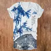 Estampado de Mariposa y Flor de Bambú Estilo Retro, Manga Corta con Cuello en V para Mujer, Impresión Digital 3D, Manga Corta Personalizada para Mujer