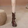 Botas da Moda na Altura da Panturrilha Botas Curtas Femininas 2026 Tendência Estilosas Versátil Outono/Inverno Western Cowboy Retro Botas Marrons