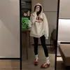 Moletom com capuz branco e cinza, forrado com fleece, grosso e resistente, estilo americano, para mulheres, outono e inverno, jaqueta casual oversized para pessoas baixinhas