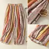 Calça de Pijama Colorida Artística Estilo Boêmio Vintage com Estampa Arco-Íris e Bolsos, Roupa de Casa Wide-Leg para o Verão