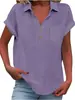 Camisas Femininas de Algodão e Linho Soltas de Verão Europeias e Americanas Amazon Manga Curta Colarinho Algodão Casual Camisa de Botão