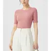 Ropa de punto de color liso de manga corta con cuello redondo, estilo nuevo de verano 2026 para mujer, top elegante de seda helada de alta gama con sensación fresca para el trabajo