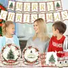 Set de Vajilla Temática Árbol de Navidad de Acebo Acuarela Platos de Papel con Lazo y Bayas Vasos de Papel Mantel Suministros para Fiesta Navideña
