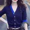 Azul Falso Dos Piezas Chic Único Hermoso Digno de Foto Top Pequeño Cuello en V Cardigan de Punto para Mujer Otoño Elegante Noble