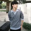 Tejido de Punto Falso de Dos Piezas Estilo Retro Americano para Hombre, Tejido de Punto Estilo Perezoso de Otoño con Cuello Henry, Tejido de Punto de Capa Interior con Cuello en V