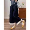 Calça Jeans Wide-Leg com Renda Patchwork Cintura Elástica Feminina Nova Primavera/Verão 2026 Calça Reta de Cintura Alta Calça Cropped Emagrecedora
