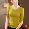 Camiseta Modal Feminina com Gola Redonda e Mangas Médias, Bordas Franzidas Rejuvenescedoras, Top Liso para Figuras Ligeiramente Cheias
